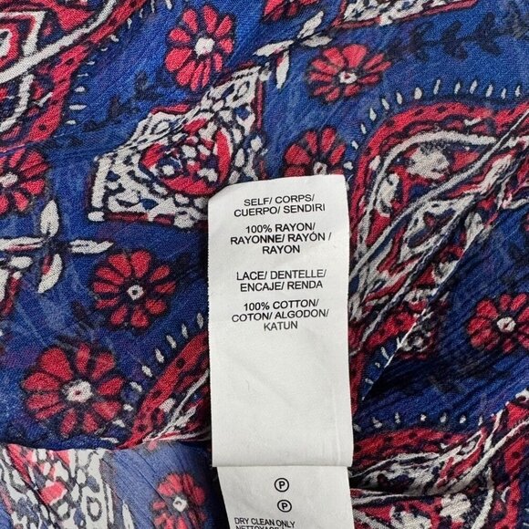 Lucky Brand Boho Peasant Blouse Sz.XL Blue Pink Floral Chiffon Crochet Cottage - Picture 9 of 11